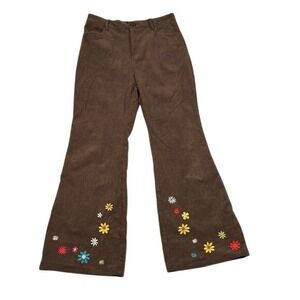 Cider Brown Corduroy Flare Pants Women Medium Embroidered Daisy Floral High Rise